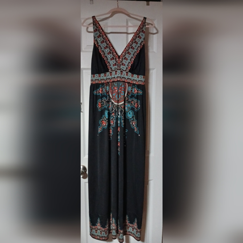 Bohemian Black, Turquoise and Red INC Maxi Dress - NWT